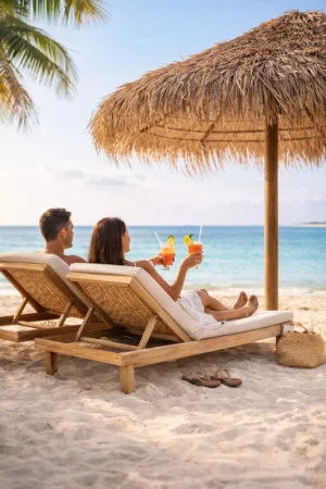 A couple relaxing by the tropical beach