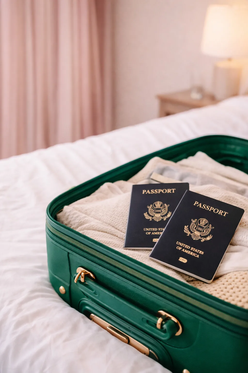 Suitcase and passports on a bed